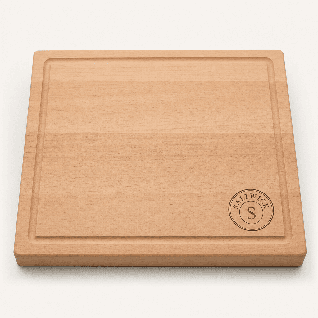 Saltwick beech wood chopping board with Saltwick stamped into the timber